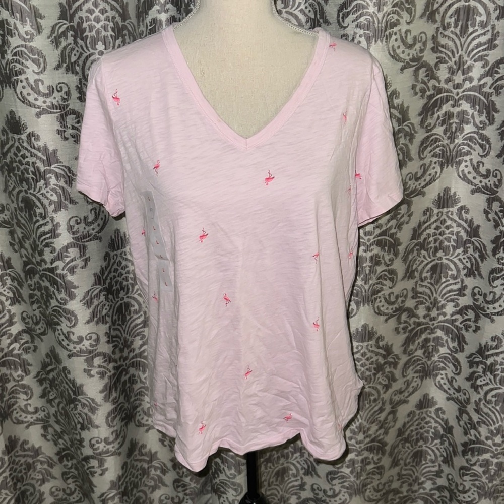Old Navy Pink Slub Knit Flamingo Vneck T Shirt